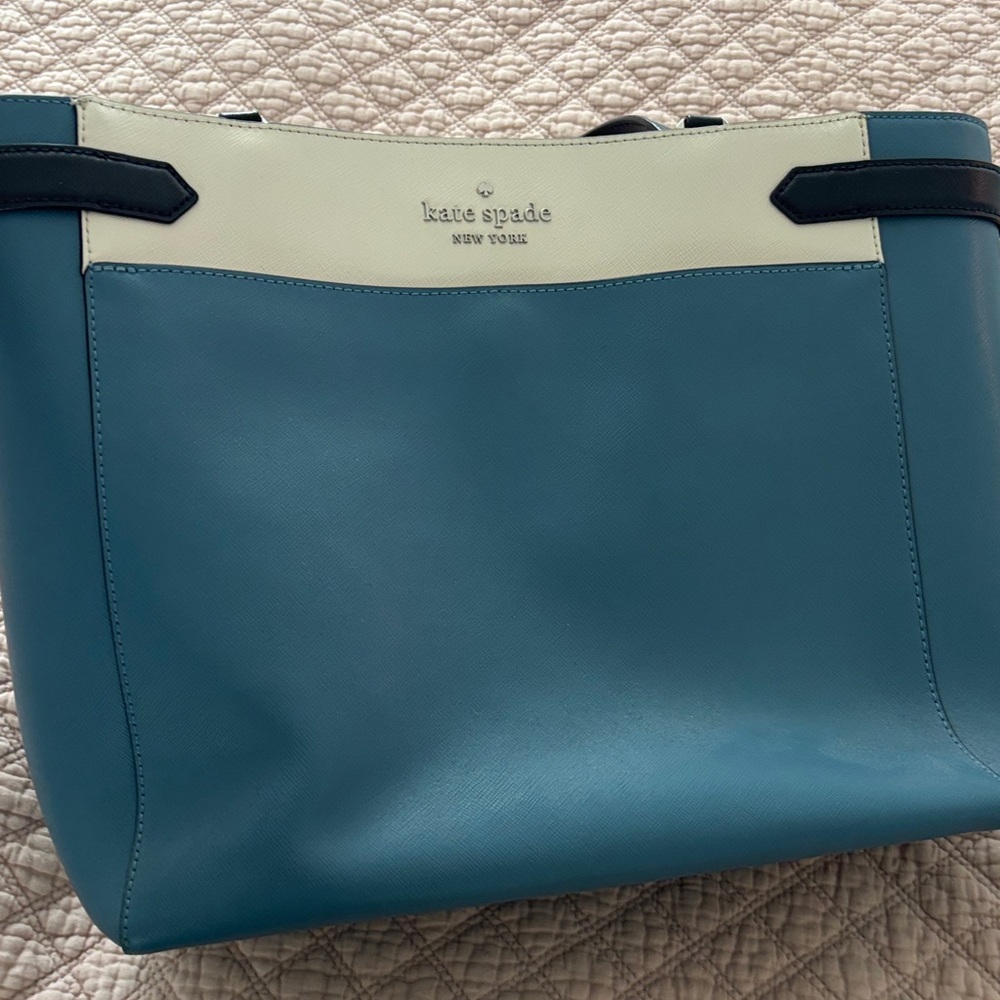 kate spade blue and Cream Leather Tote with Black Trim +laptop space